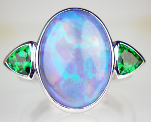 Oval black opal & tsavorite garnet ring