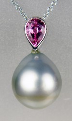 Pink sapphire & Tahitian pearl pendant in 18ct white gold