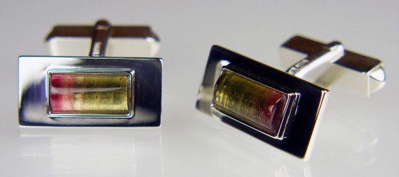 Watermelon tourmaline cabochon cufflinks in silver