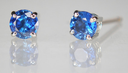 4.1mm round top quality blue sapphire earstuds in 9ct white gold - Top quality blue sapphire round cut pair in 9ct white gold studs. Sapphires are 4.1mm in diameter and weigh a total of 0.64ct. 