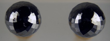 8.12ct faceted spherical black diamond stud earrings on 14ct yellow gold posts - Super sparkly spherical faceted black diamond ball pair weighing 8.12ct, 7.8mm in diameter, on 14ct yellow gold posts.  Simple, elegant and beautiful.