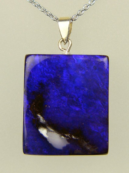 51.74ct purple boulder opal pendant - 20 x 24mm squarish rectangular boulder opal from Queensland, Australia, with intense purple tones, set with a silver bail and suspended from an adjustable silver chain