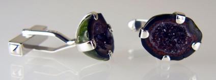 Agate geode cufflinks in silver - Mexican agate geode pair set in silver as cufflinks
