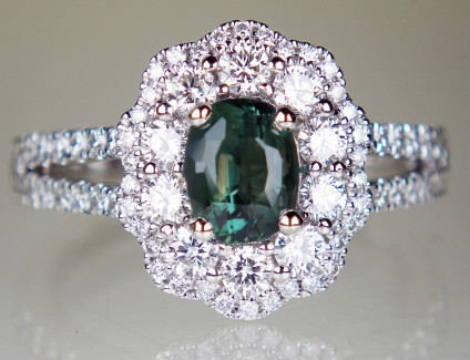 Alexandrite & diamond ring in 18ct white gold - 0.8ct oval colour change Alexandrite set with 1.03ct of round brilliant cut diamonds in 18ct white gold