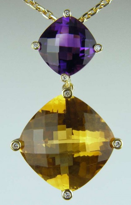Amethyst, citrine & diamond pendant - Pendant of cushion cut citrine 13.81ct and 3.93ct amethyst set with 0.05ct diamonds FG/VS in 18ct yellow gold on 18ct yellow gold chain