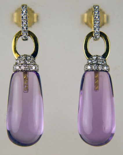 Amethyst & diamond earrings in 18ct yellow gold - 8.64ct pair of smooth briolette amethysts set with 0.12ct of diamonds in 18ct yellow and white gold