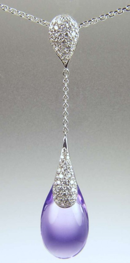Amethyst & diamond necklace - 12.04ct amethyst drop set with 0.47ct of round brilliant cut diamonds in 18ct white gold			
