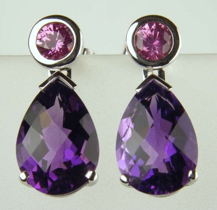 Pink sapphire earstuds with detachable amethyst drops - 