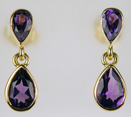 amethyst drop earrings in 9ct yellow gold - Pretty amethyst pear drop earrings in 9ct yellow gold. Earrings are 14mm long