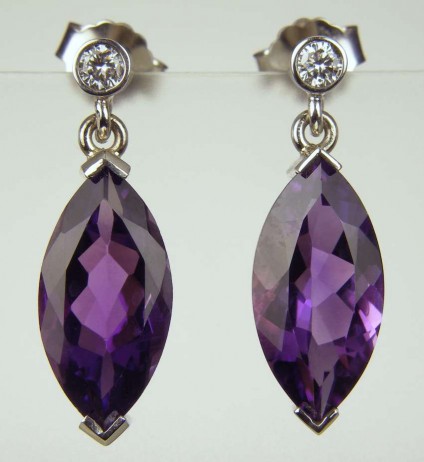 Amethyst & diamond earrings - 7.34ct marquise cut amethysts set with 0.16ct diamond rounds in 18ct white gold