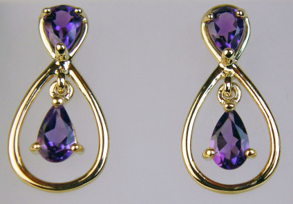 Amethyst pear drop earrings - Delicate double pear cut earrings with 0.606ct amethyst in 9ct yellow gold