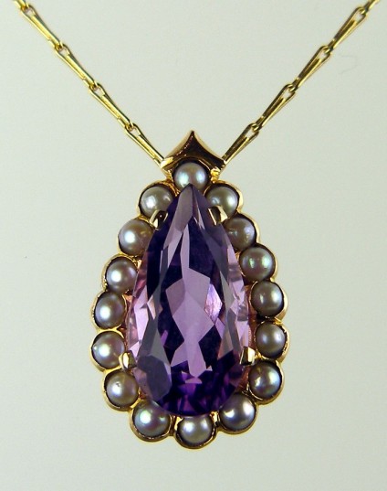 Amethyst & seed pearl pendant - Pear cut amethyst set in recycled 18ct gold and seed pearl mount on 18" 18ct barleycorn chain