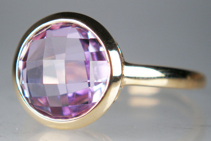 Chequerboard cut amethyst ring in 14ct yellow gold - 10mm round chequerboard cut amethyst rubover set in 14ct yellow gold ring