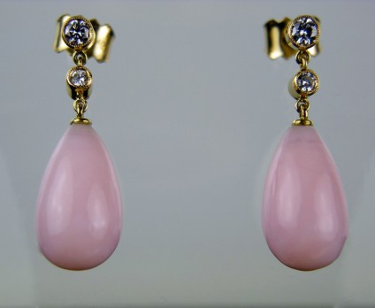 Pink Opal & Diamond Earrings - Pink 'Angel skin' opal drop earrings with 0.21ct diamonds set in yellow gold