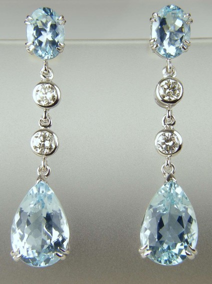 Aquamarine & diamond drop earrings - 7.6ct pear & oval cut aquamarines set with 0.66ct diamonds in 14ct white gold