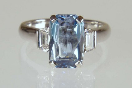 Aquamarine & diamond ring in platinum - 1.65ct mixed octagonal cut aquamarine set with 0.37ct tapered baguette diamonds D colour SI1 clarity in a handmade platinum ring