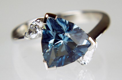Aquamarine & diamond ring - 1.90ct trillion cut aquamarine (cut by award winning lapidary Ivan Williamson), set with a matched pair of 0.28ct pear cut diamonds in F colour VS clarity, and mounted in 18ct white gold