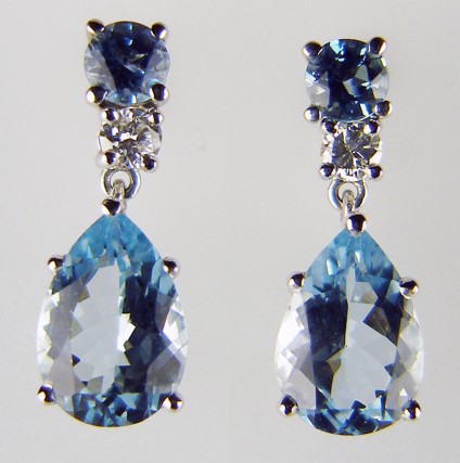 Aquamarine & Diamond Detachable Earrings - 3.2ct aquamarine pear cut pair set with 0.19ct G colour VS clarity diamonds as detachable drops suspended from a matched  1ct pair of aquamarine simple earstuds in 18ct white gold