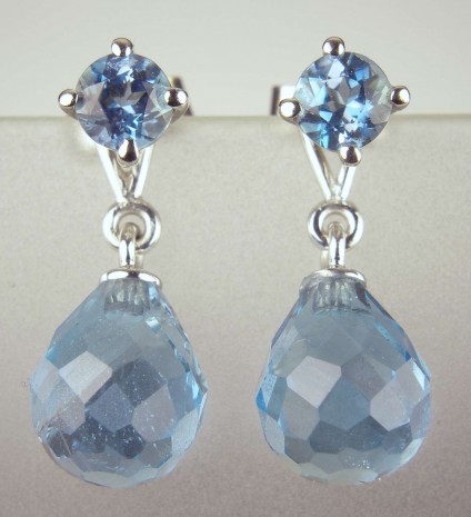 Aquamarine stud & detachable drop earrings - 1ct round brilliant cut aquamarine earstuds with detachable 5.45ct facetted briolette aquamarine drops in 18ct white gold