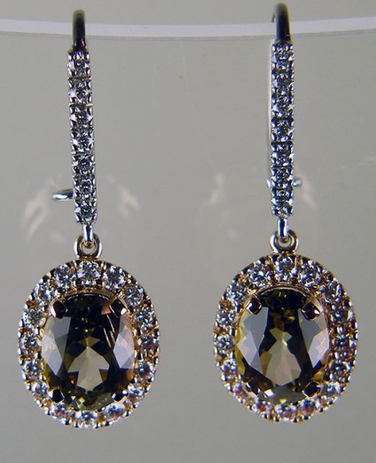 Bicolour tourmaline & diamond drop earrings in rose gold - Delicate yellow/pink bi colour oval toumaline pair 3.47ct, set with 0.86ct brilliant cut diamonds in F colour VS clarity and mounted in 18ct rose and white gold as beautiful drop earrings