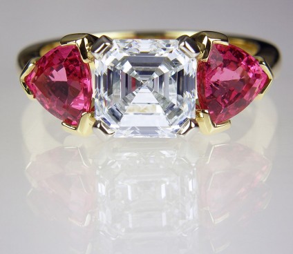 Diamond & Spinel Ring - Asscher cut diamond & Mehenge spinel ring.  2ct H/Si1 GIA certificated diamond set in platinum and flanked with a matched trillion cut pair of Tanzanian Mehenge spinels totalling 1.75ct set in 18ct yellow gold on yellow gold shank.
