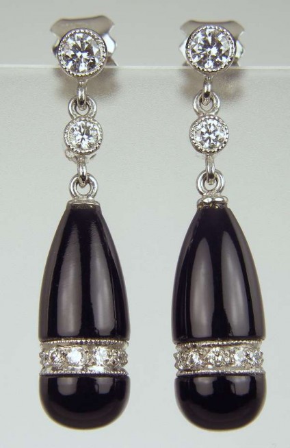Black onyx & diamond earrings - Hand carved black onyx briolette drops set with 0.31ct white diamonds in 18ct white gold. SPECIAL SALE PRICE was £1140 now £725.