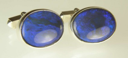 Black opal cufflinks - Beautiful luminous blue oval black opals set in silver as cufflinks