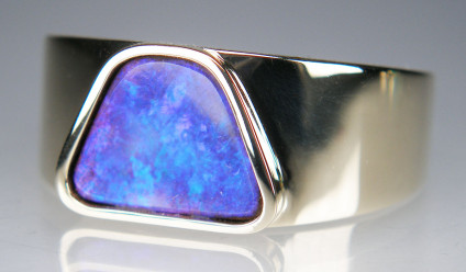 Boulder opal ring in 9ct yellow gold - 4.16ct vivid blue/purple boulder opal from Queensland set in 9ct yellow gold gentleman's dress ring