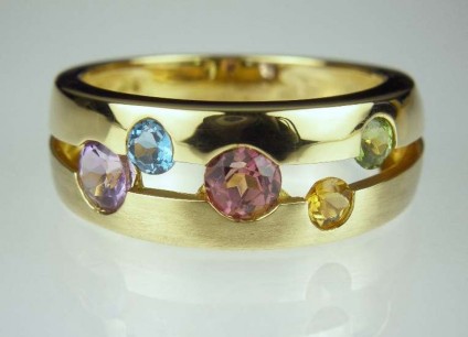 Gemset 'Bubble' Ring - 18ct yellow gold ring bezel set with a variety of Brazilian gemstones, all round cut.