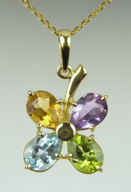 Flower Pendant in Pastel Coloured Gems - Pear cut Brazilian gems in peridot, citrine, blue topaz and amethyst totalling 1ct weight set in 18ct yellow gold on a matching chain