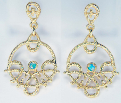 Crystal opal Brigitte Adolf eardrops in 18ct yellow gold - Delicate broderie anglaise lace inspired eardrops by Brigitte Adolf of Germany, in 18ct yellow gold, set with 3mmm round cabochon crystal opals. Earrings are approximated 35mm long and 25mm wide.