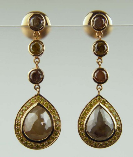 Brown & yellow diamond earrings - 4.48ct brown diamond slice pear cuts set with 0.43ct yellow diamonds in 18ct rose gold