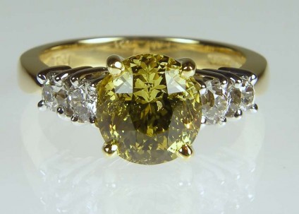 Chrysoberyl & diamond ring - 3.11ct vivid yellow mixed round cut chrysoberyl set with client's own round brilliant cut diamonds (removed from old rings) in 18ct yellow and white gold