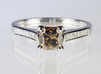 Cinnamon diamond ring in platinum - 1.04ct radiant cut cinnamon diamond (with GIA report) set with 0.25ct EF colour VS clarity princess cut diamonds in platinum