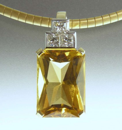 Citrine & diamond pendant - 13.06ct Brazilian citrine mixed cut set with 3 x 3.5mm princes cut diamonds in F colour in 18ct white & yellow gold