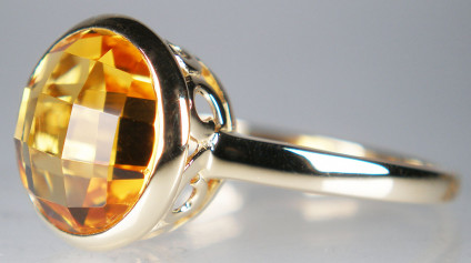 Chequerboard cut citrine ring in 14ct yellow gold - 10mm round chequerboard faceted citrine rubover set in 14ct yellow gold ring