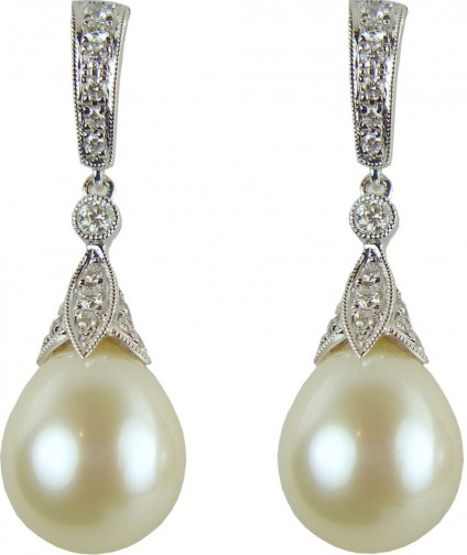 Pearl & diamond earrings - 0.50ct diamond and southsea pearl drop earrings in 18ct white gold