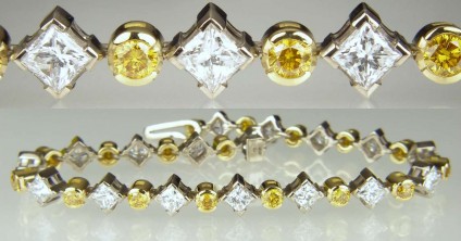 Diamond bracelet - Line bracelet of 4.69ct princess cut diamonds mounted in 18ct white gold and set with 1.63ct of natural yellow diamonds in 18ct yellow gold