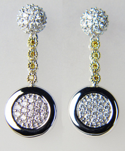 Diamond cluster eardrops in 18ct white gold - 18ct white and yellow gold eardrops set with 0.57ct of round brilliant cut white and yellow diamonds. Eardrops are 26mm long & 10mm wide. Truly sparkly, really beautiful. Amazing value!