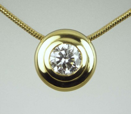 Diamond slider pendant - 0.33ct round brilliant cut diamond, F colour VS2 clarity, bezel set in a simple 18ct yellow gold slider pendant on a smooth 18ct yellow gold snake chain.