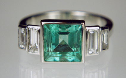 Emerald & baguette cut diamond ring in platinum - 2.03ct square emerald cut emerald set with 0.34ct and 0.25ct pairs of baguette cut diamonds in F colour & VS clarity, all mounted in platinum