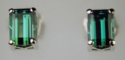 Emerald cut seagreen tourmaline earstuds in 18ct white gold - 1.72ct pair of sea green tourmaline emerald cuts set in 18ct white gold earstuds