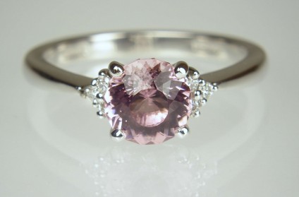 Pink tourmaline & diamond ring in 18ct white gold - Custom cut round pink tourmaline set with 0.05ct round brilliant cut diamonds in 18ct white gold