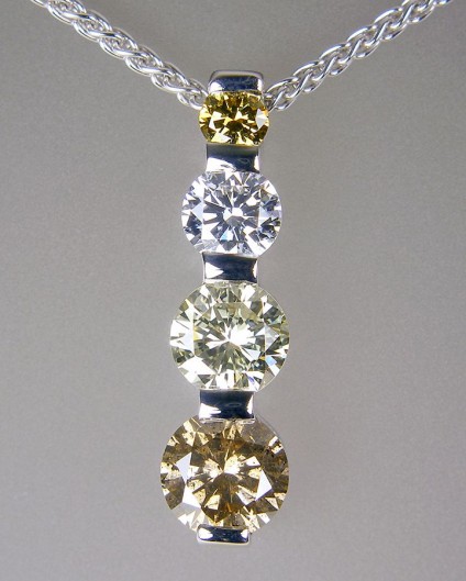 Coloured diamond pendant in gold - Coloured diamond pendant in 18ct white gold totalling 0.94ct diamonds. Pendant 18mm long.
