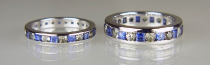 Blue and green sapphire matching wedding bands - Matched pair of wedding rings in 18ct white gold set with princess cut blue sapphires and round brilliant cut green sapphires.