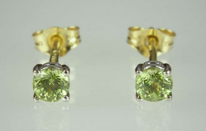 Green Garnet Earrings - 0.5ct pair of bright green round cut Mali garnets in 18ct white & yellow gold 
