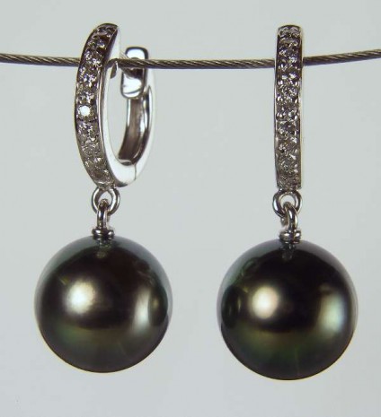 Green pearl earrings - Pair of green Tahitian pearls suspended from 0.13ct H/SI2  round brilliant cut diamonds in 18ct white gold