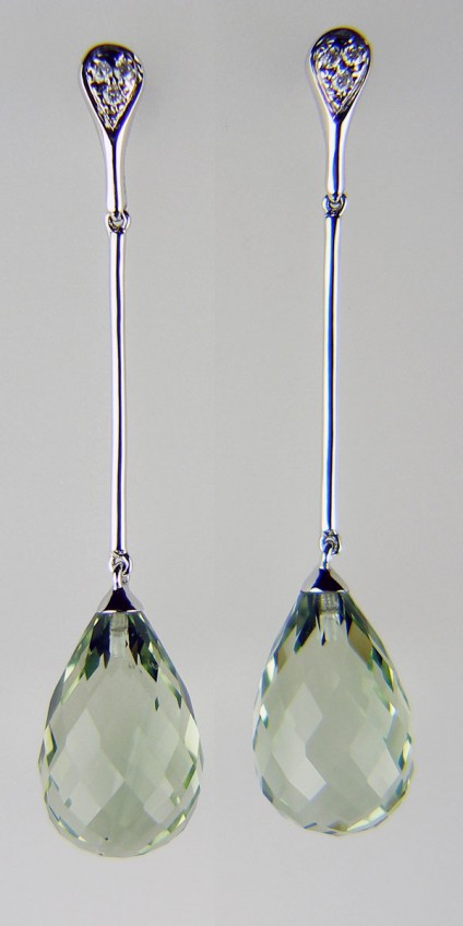 Green quartz & diamond drop earrings - Delicate green quartz faceted drops suspended from delicate diamond studs in 18ct white gold