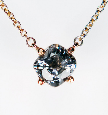 Grey spinel necklace in 10ct rose gold - Sparkly cushion cut grey spinel from Myanmar, claw set in 10ct rose gold necklet.
