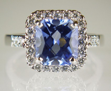 Harlequin cut sapphire and diamond ring - 2.60ct octagonal harlequin (chequerboard) cut blue sapphire from Sri Lanka, set with 0.44ct of round brilliant cut diamonds in E colour VS clarity, mounted in 18ct white gold